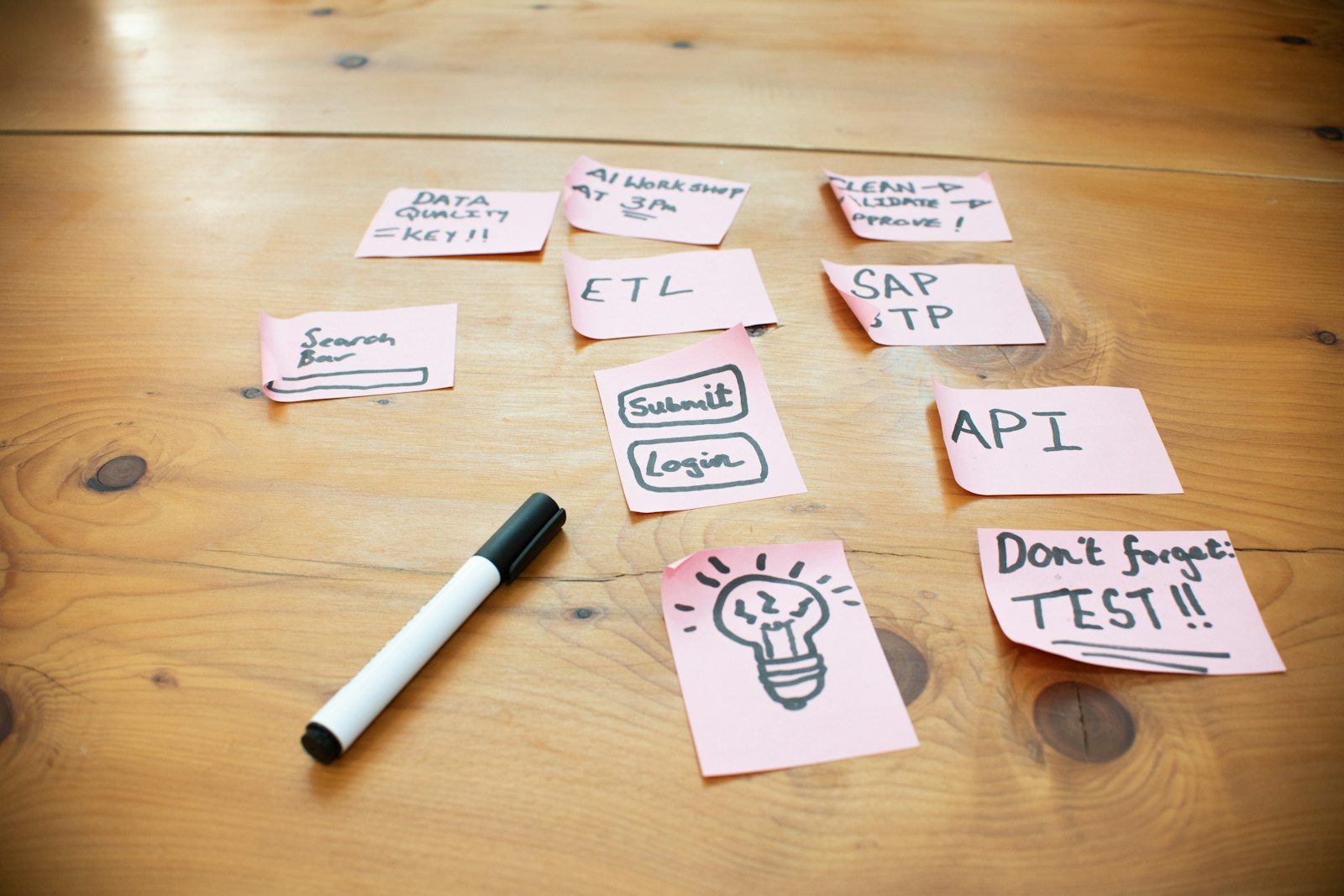 Post-its com palavras e desenhos sobre mesa de madeira