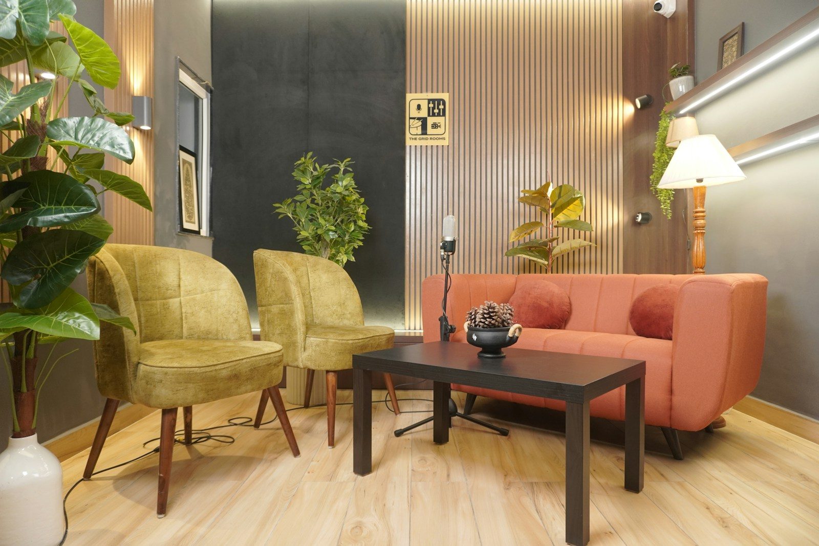 Estúdio moderno e estiloso com sofá, poltronas e plantas