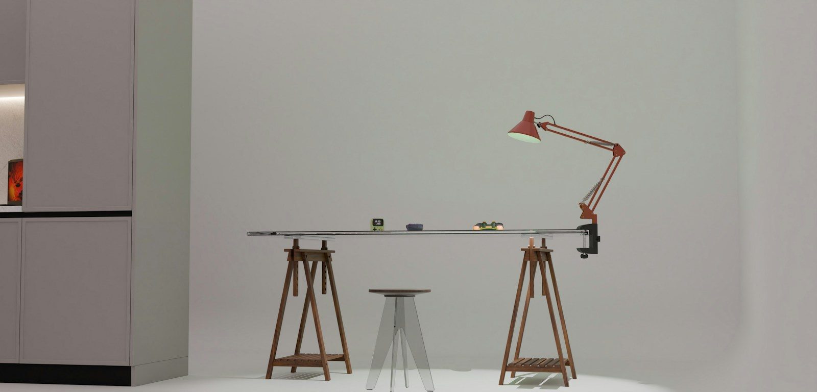 Sala minimalista com mesa comprida, banqueta e luminária vermelha