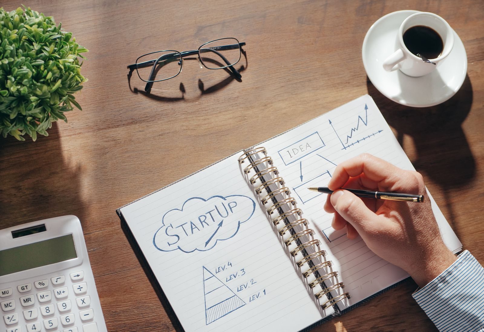 Espaço de trabalho criativo com planejamento de startup em bloco de notas, óculos e xícara de café