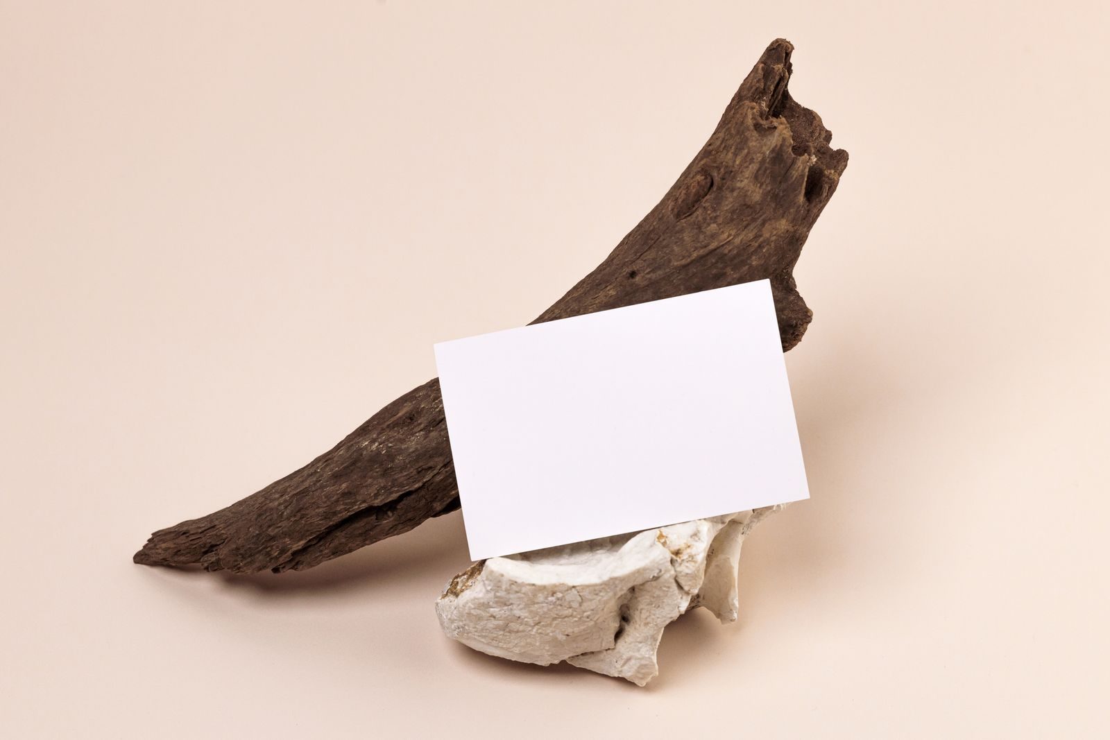 Cartão de visita em branco sobre madeira flutuante e pedra, ideal para mockups minimalistas