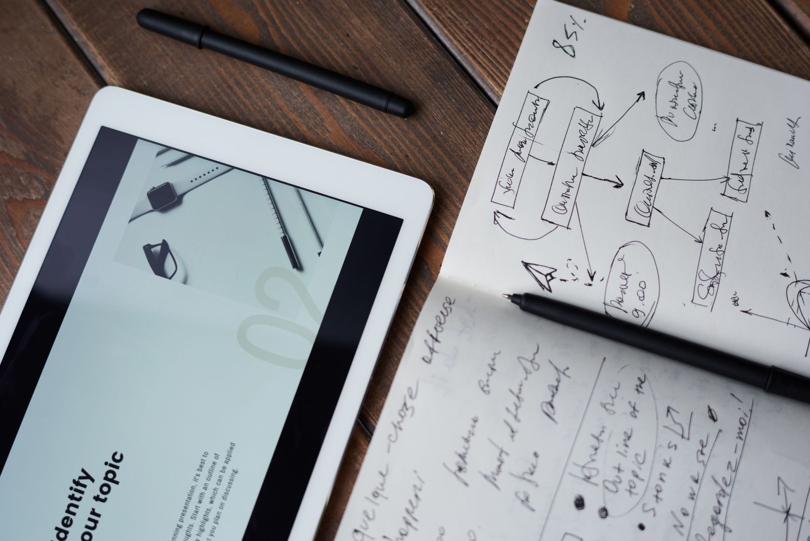 Ferramentas digitais e manuais de brainstorming em uma mesa de madeira, para negócios e estudos