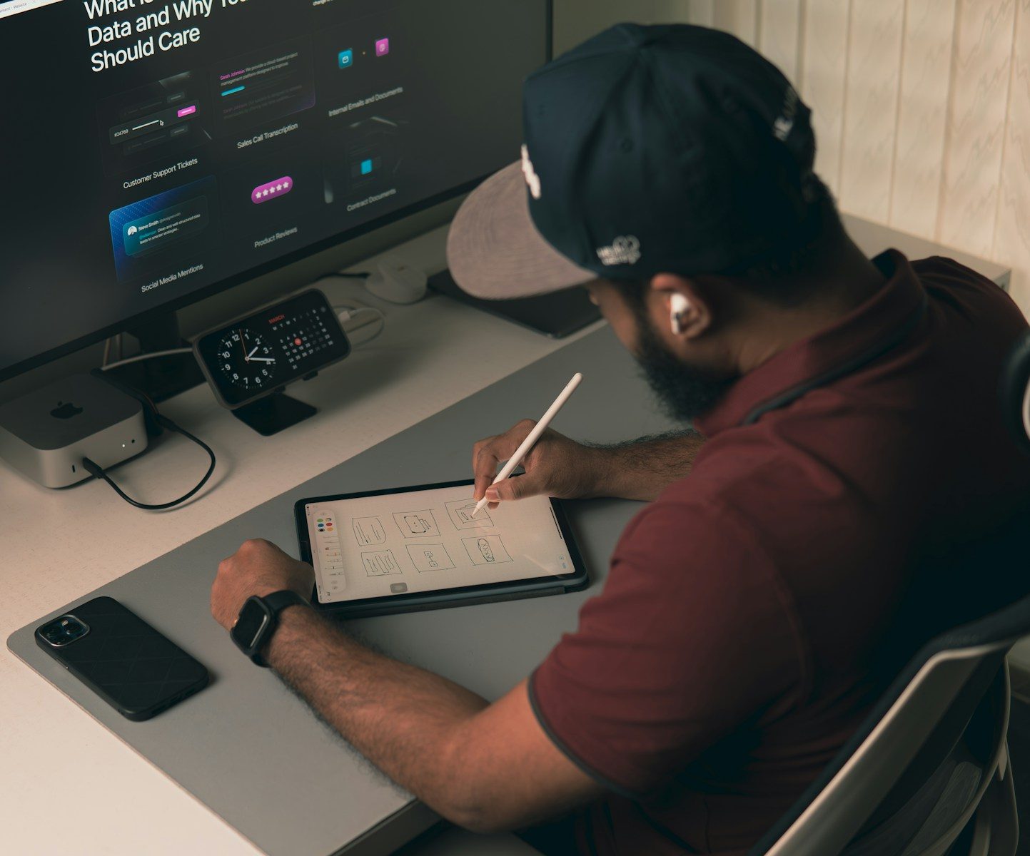 Homem trabalhando em uma mesa com computador e tablet