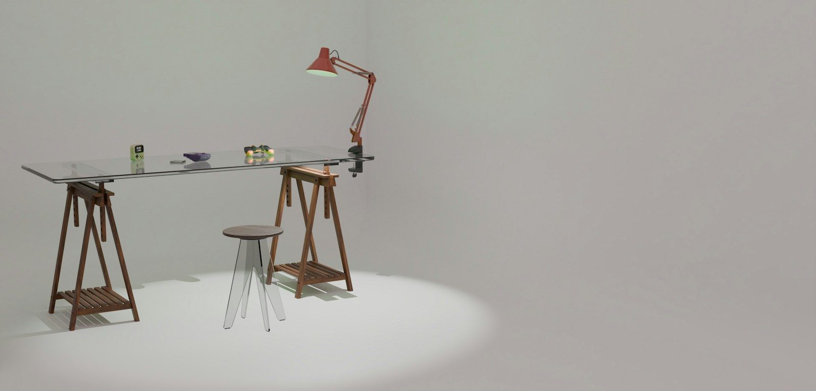 Prancheta de desenho com luminária vermelha e banqueta em fundo branco