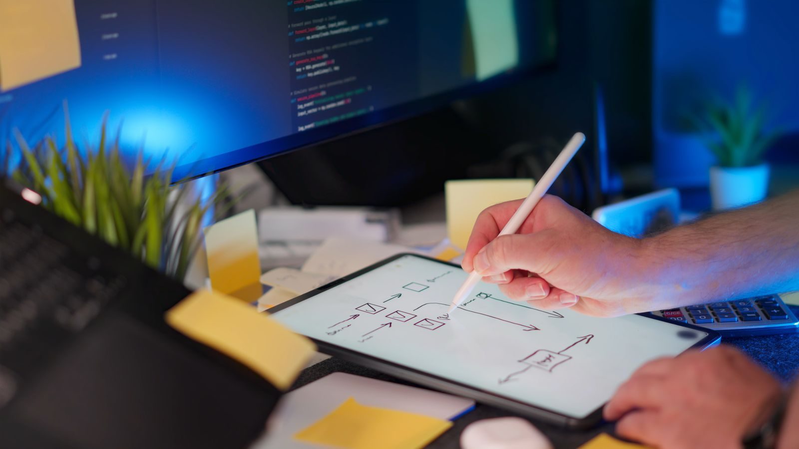Espaço de trabalho com desenho digital em tablet e código em um monitor