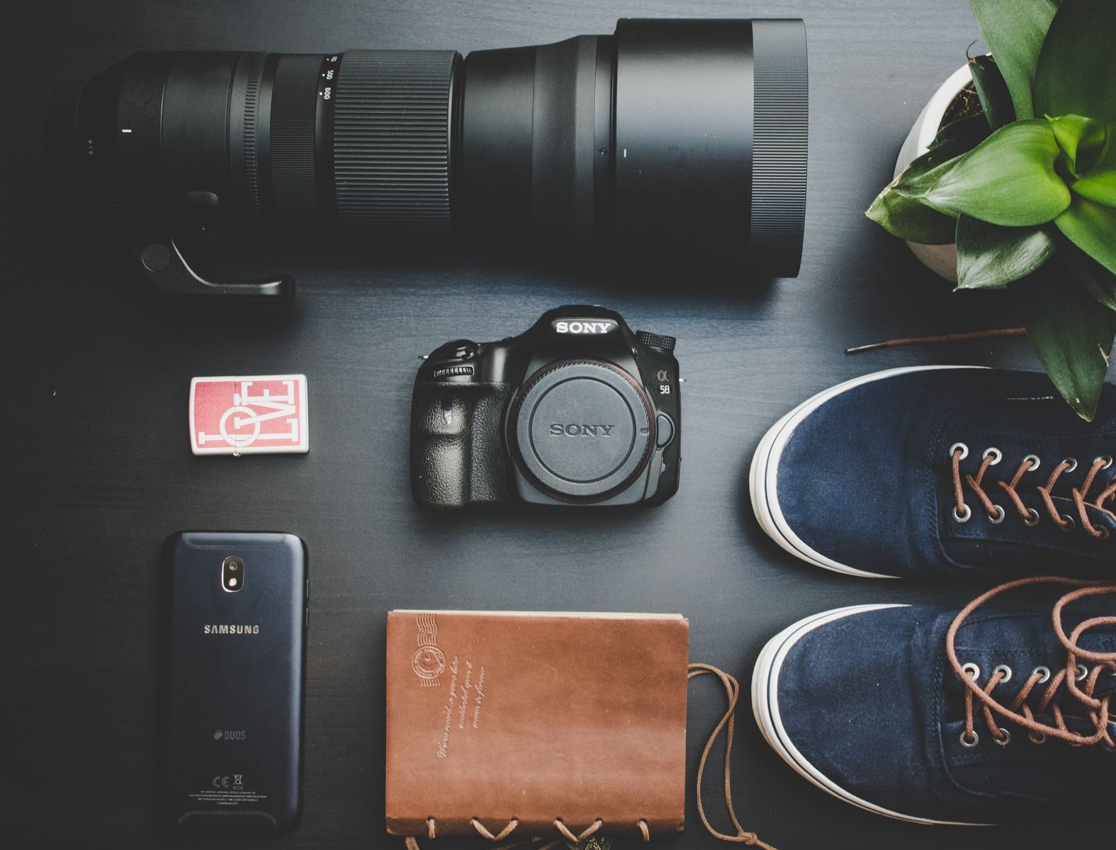 Flat lay criativo com equipamento fotográfico, smartphone, caderno, sapatos e planta sobre madeira