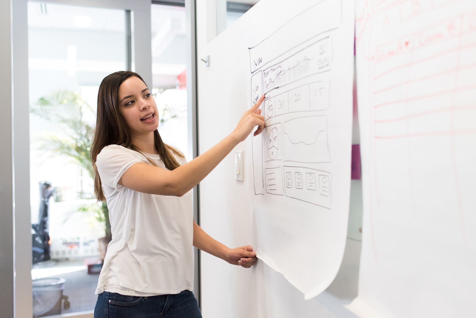 Jovem confiante apresentando um design em um quadro branco em um espaço de trabalho moderno