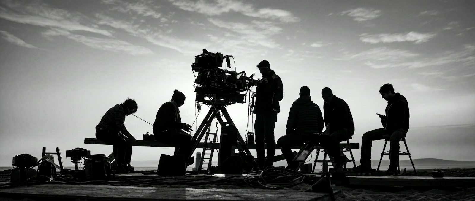 Equipe de filmagem com uma câmera grande sob céu nublado